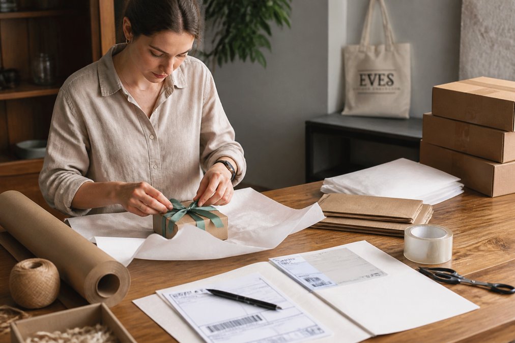 A person at a wooden table carefully wrapping a small gift box with tissue paper and ribbon, with shipping labels and a pen nearby