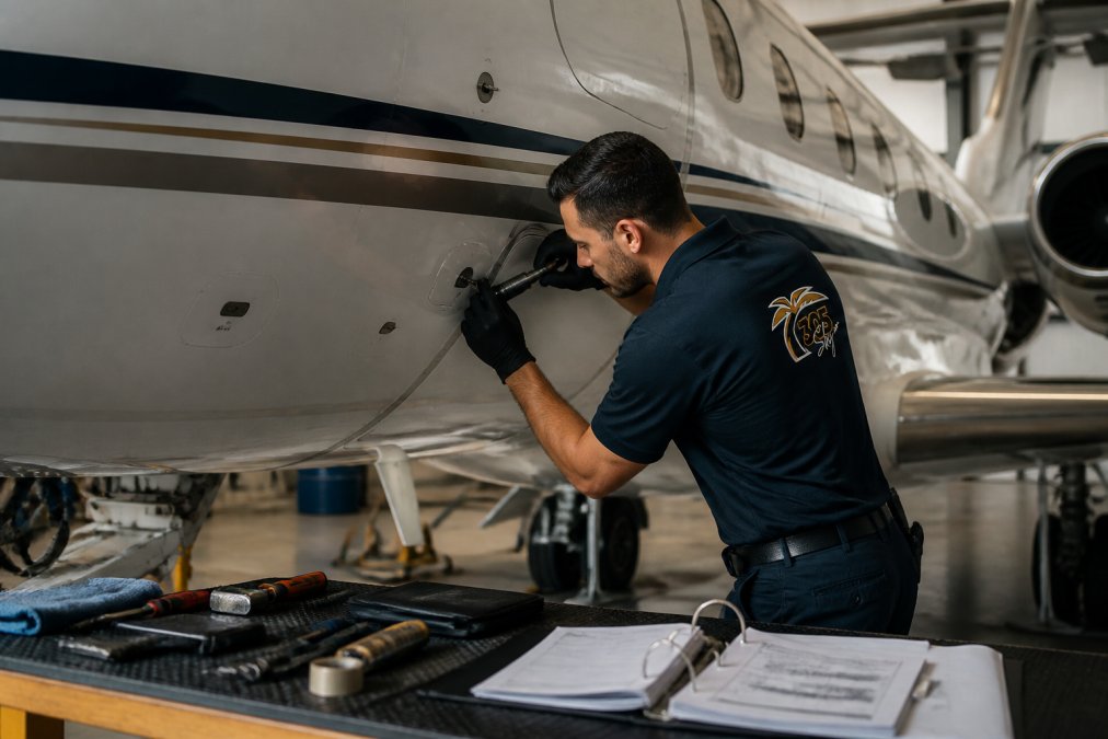 Professional aircraft maintenance technician performing detailed exterior inspection on business jet fuselage with diagnostic tools and maintenance documentation visible nearby