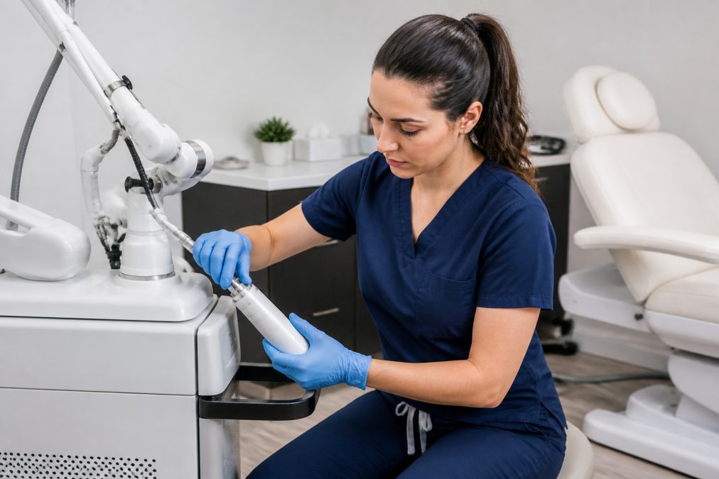 A dermatology clinic technician in scrubs performing routine maintenance on a laser platform, checking connections and cleaning the handpiece in a bright, modern treatment room
