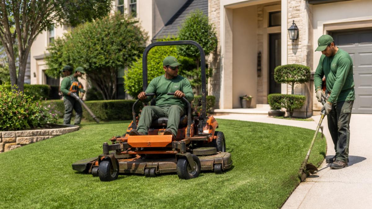 Professional lawn care team using commercial mowers and edging equipment on a residential property with neatly trimmed grass and manicured landscaping in background