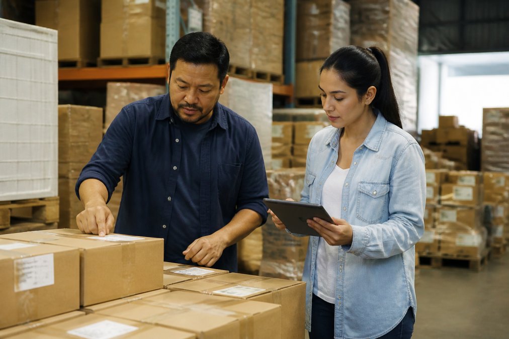 A small business owner in a warehouse inspecting labelled cartons of imported stock while a logistics coordinator checks a tablet showing shipment tracking