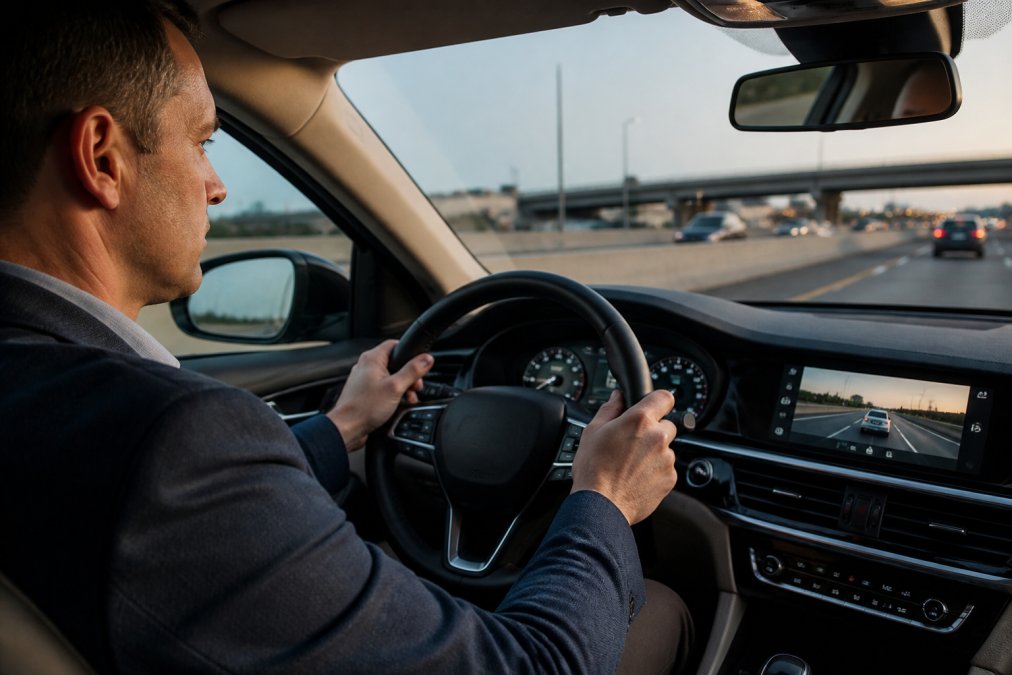 Professional commuter driving a luxury SUV on a highway during morning commute, dashboard visible with driver assistance features actively displayed on screen