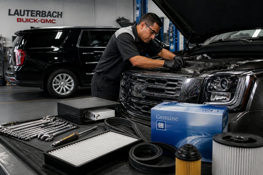 Certified technician performing scheduled maintenance on a luxury SUV in a professional service bay, genuine GM parts visible on workbench with organized tool setup