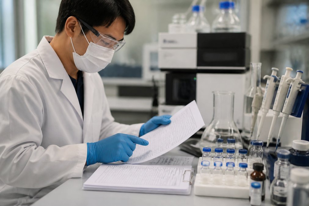 Research scientist reviewing Certificate of Analysis documentation and batch testing reports at a laboratory bench with multiple vials, pipettes, and analytical equipment in background