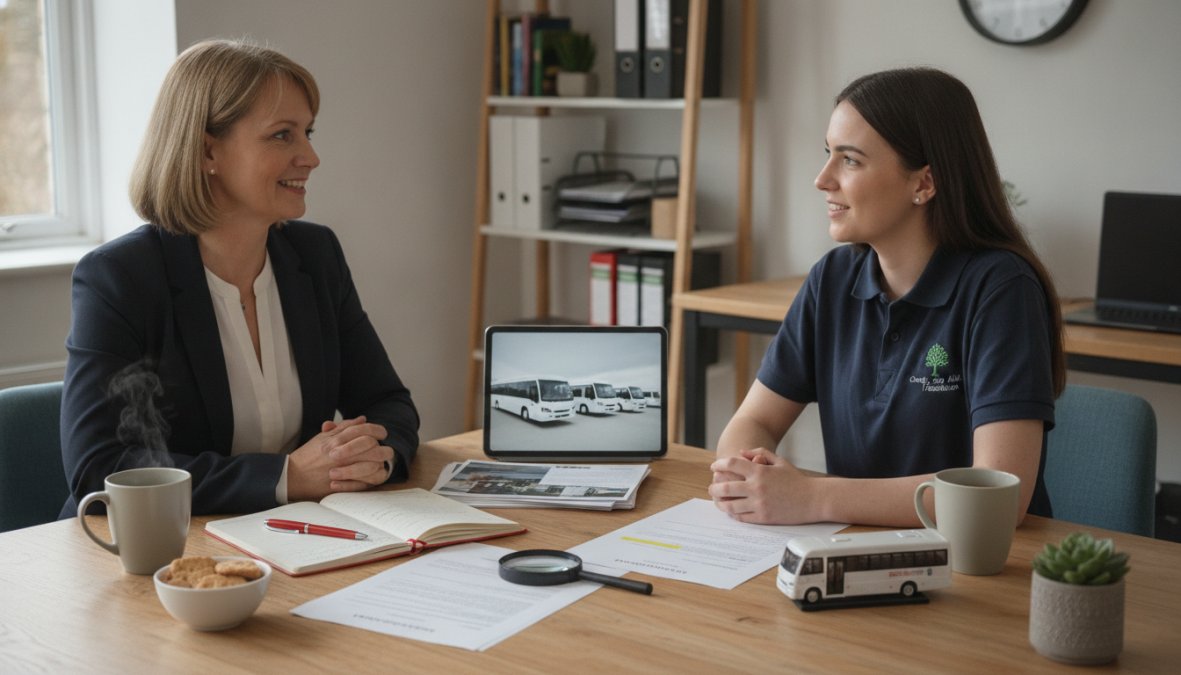 Charity staff member reviewing minibus vehicle specifications and documentation with a leasing consultant in a modern office setting with natural lighting
