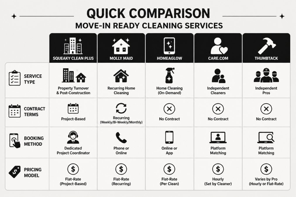 Comparison matrix of move-in ready cleaning services showing service type, contract terms, booking method, and pricing model for Squeaky Clean Plus, Molly Maid, Homeaglow, Care.com, and Thumbtack
