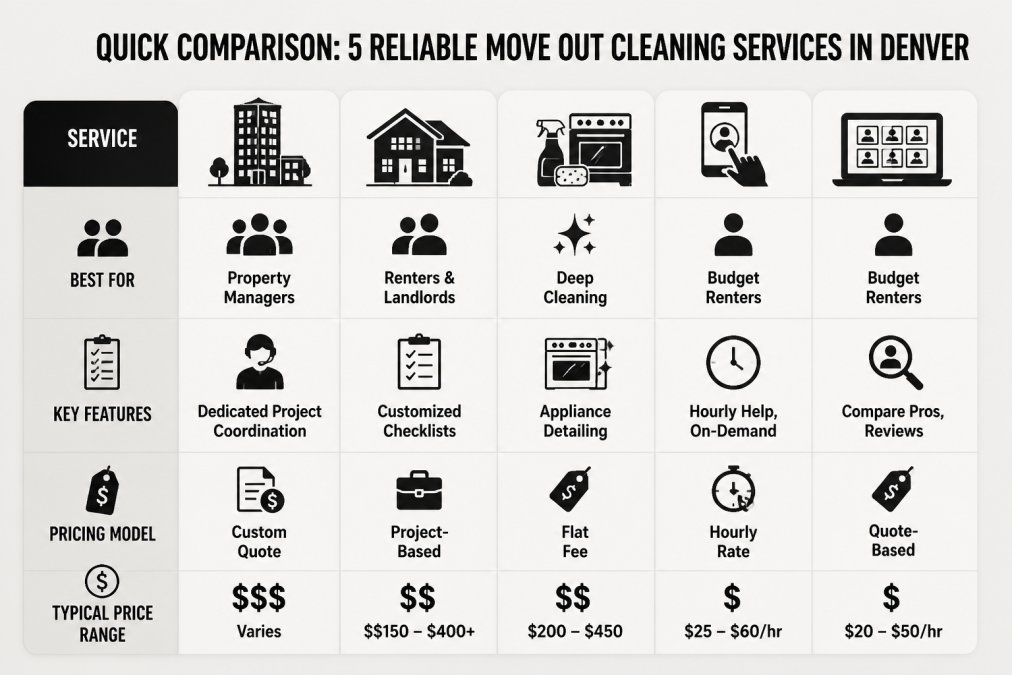 Comparison matrix of five move out cleaning services highlighting features and pricing models in Denver
