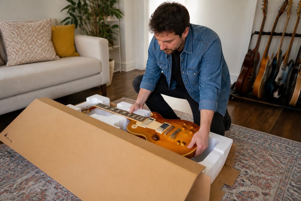 Musician kneeling on the floor carefully opening a large cardboard instrument box, examining a guitar as it is removed from protective foam padding, in a well-lit living room