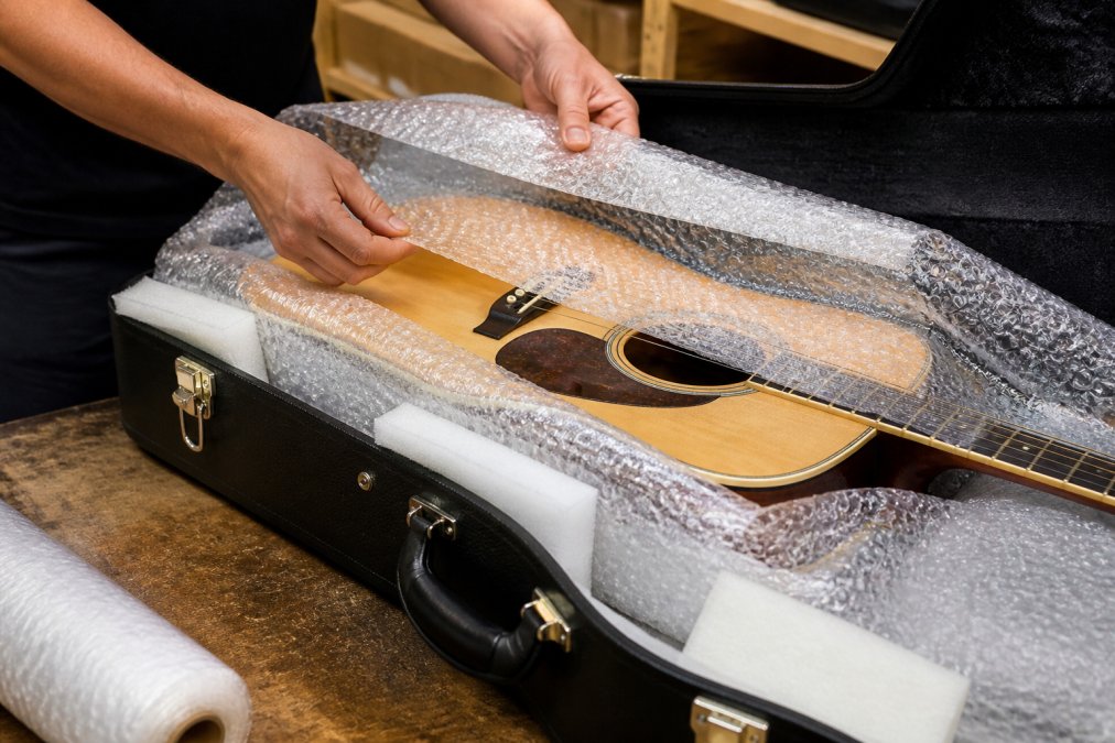 Close-up of hands wrapping an acoustic guitar with bubble wrap and protective padding, showing the layering technique with hard case and foam corner protectors visible