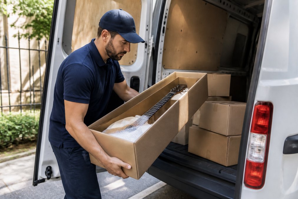 A courier worker carefully loading a cardboard box containing a musical instrument into a delivery van, demonstrating professional handling and secure placement