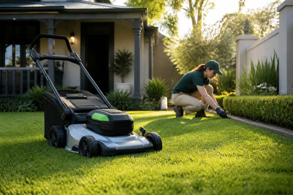 Gardener inspecting a neatly mowed lawn in Sydney with an electric mower for professional lawn care