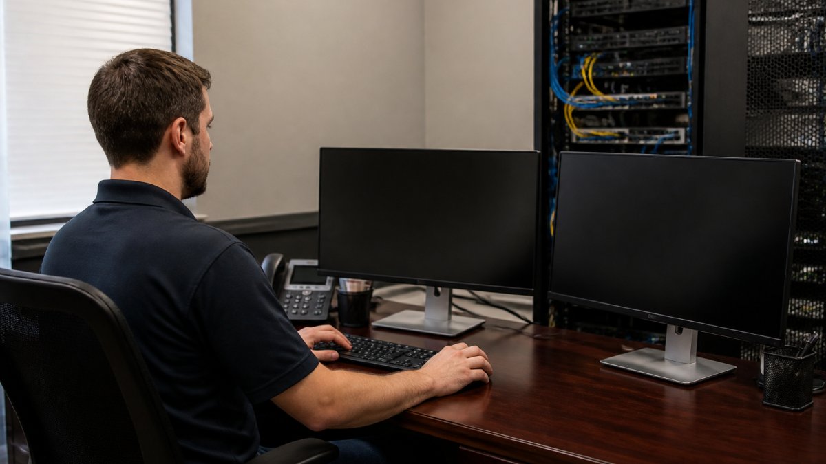 An IT technician at a small office desk reviewing network status on two monitors, with a server rack visible in the background