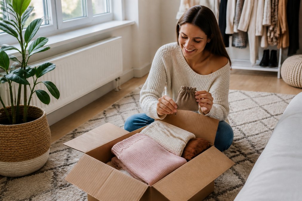 A stylish young woman sitting on a rug in her bright apartment, opening a cardboard delivery box filled with neatly folded clothing and a small jewelry pouch, soft natural daylight streaming from a nearby window