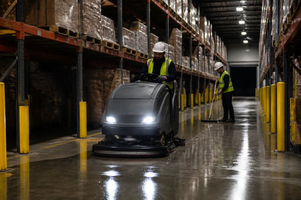 A cleaning crew in safety vests and hard hats using an industrial floor scrubber between tall warehouse racking at night, with overhead lights reflecting off the polished concrete floor