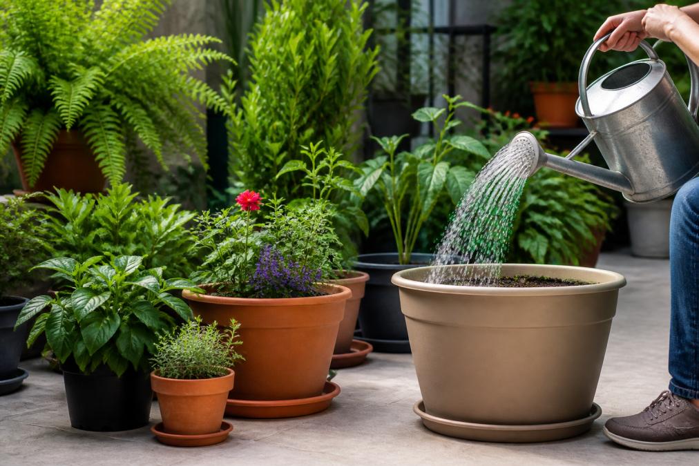 Well-organized patio garden with multiple container plants in varying sizes, healthy green foliage visible, drainage saucers positioned beneath terracotta and plastic pots, gardener's hand pouring water with gentle spray into a large planter
