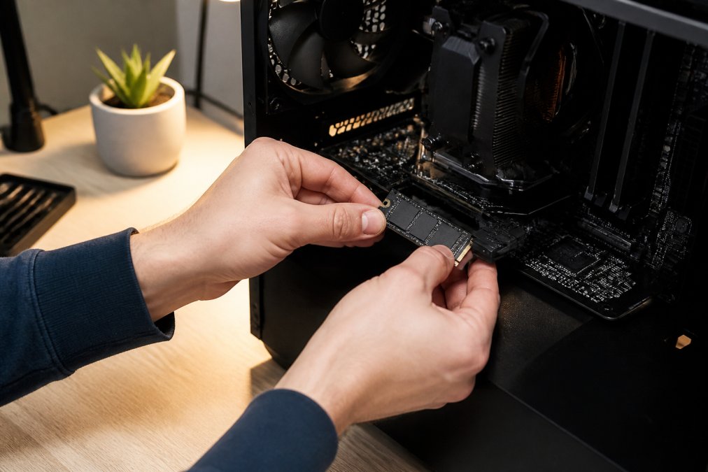 Close-up of hands installing an NVMe solid-state drive into an open desktop tower on a clean desk, bright task lighting