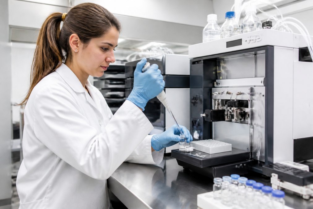 Laboratory technician in white coat and nitrile gloves carefully pipetting peptide sample into analytical instrument under bright overhead lighting in modern research laboratory with stainless steel benches