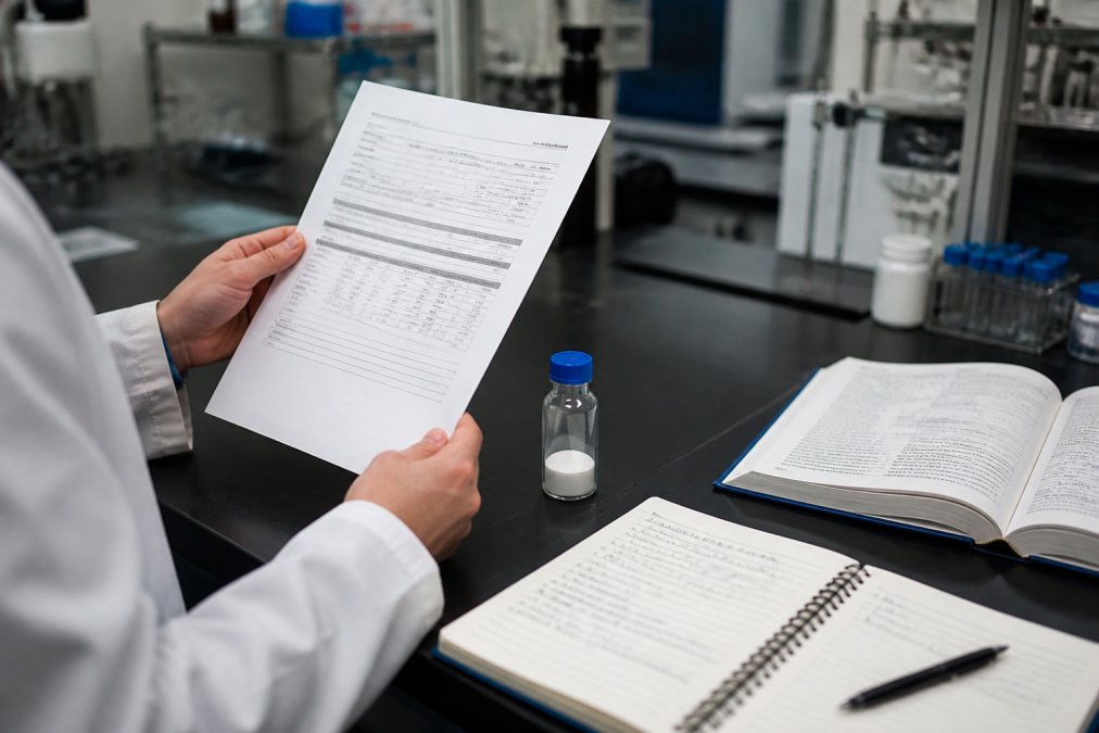 Researcher in laboratory coat holding printed Certificate of Analysis document next to sealed peptide vial on laboratory bench, with analytical report and reference materials visible under task lighting