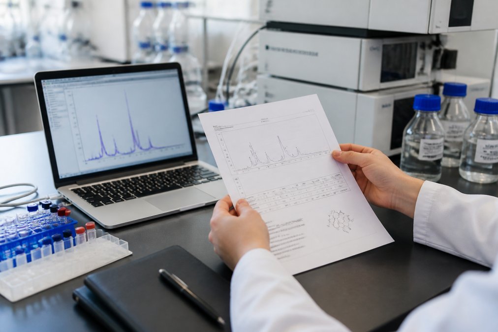 Close-up of a researcher's hands holding a printed Certificate of Analysis next to a laptop displaying an HPLC chromatogram in a modern laboratory setting