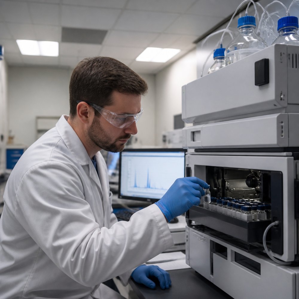 Scientist loading a vial into an HPLC instrument during peptide synthesis quality control analysis