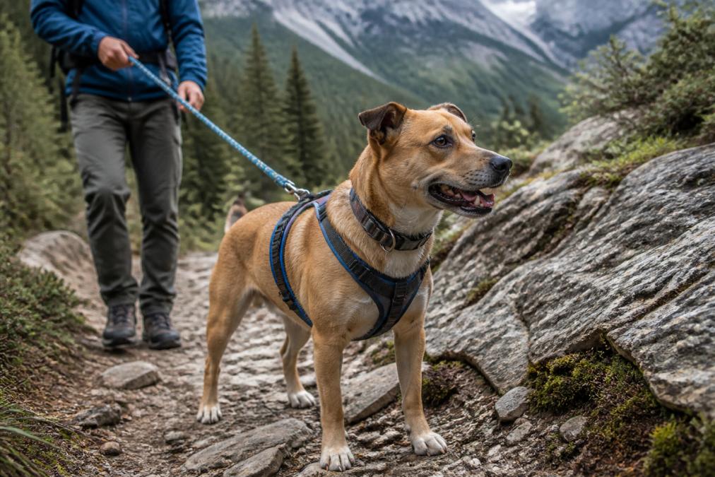 A medium-sized dog wearing a padded front-clip harness and a waterproof collar, standing on a rocky trail with a hiker holding a leash