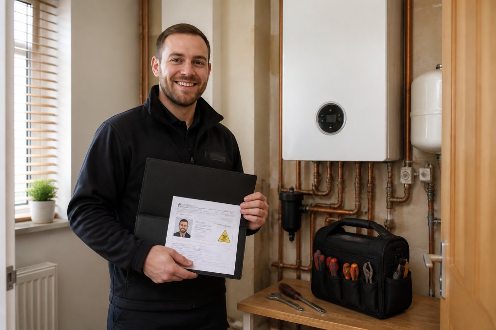 Professional Gas Safe registered engineer in work uniform holding certification documents standing in front of modern boiler installation with tools visible