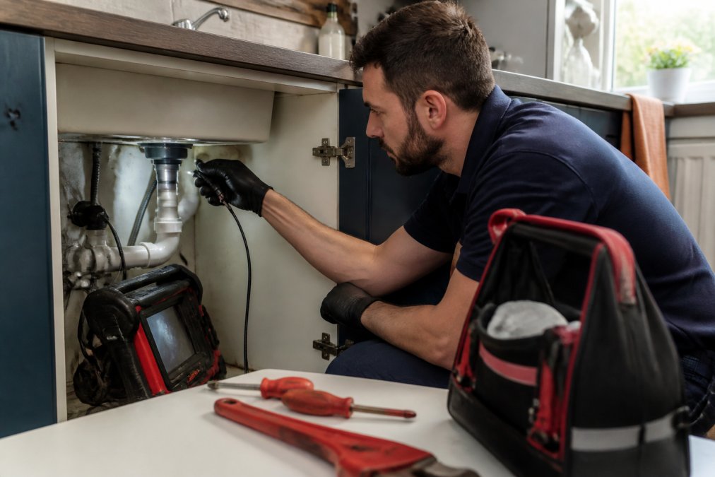 Professional plumber using advanced leak detection equipment under kitchen sink with inspection tools and diagnostic equipment visible on work surface