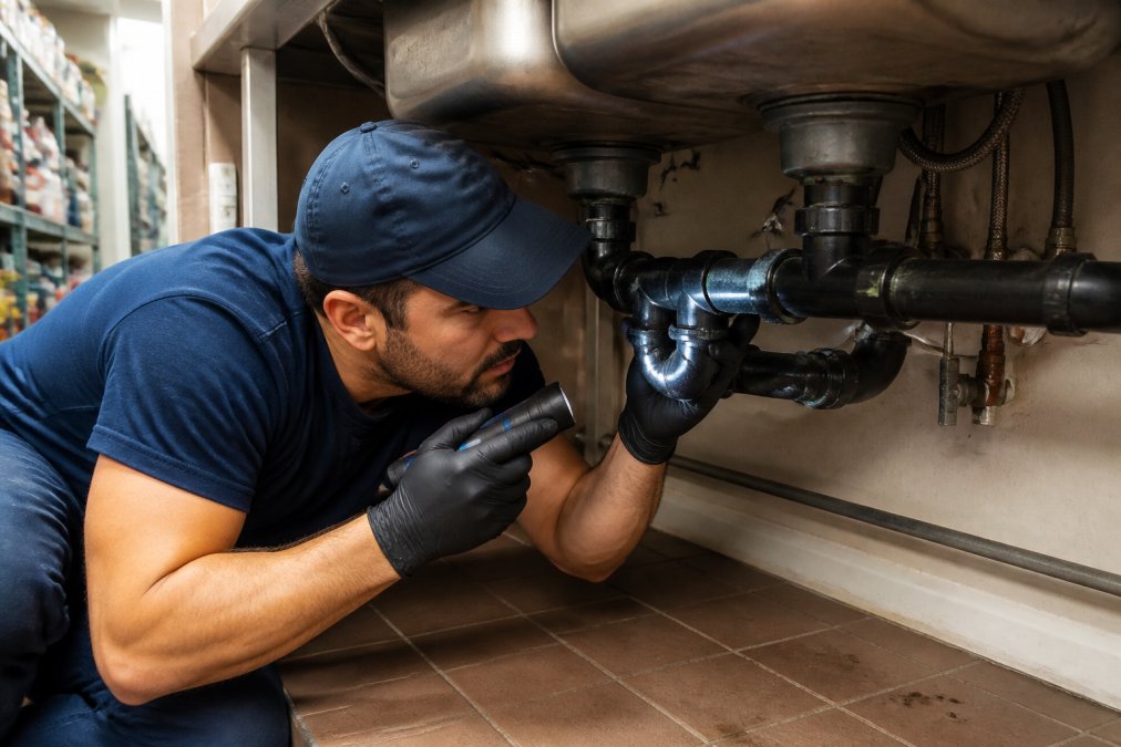Licensed plumber inspecting pipes and fixtures under a retail store sink, checking for leaks with professional diagnostic tools and flashlight