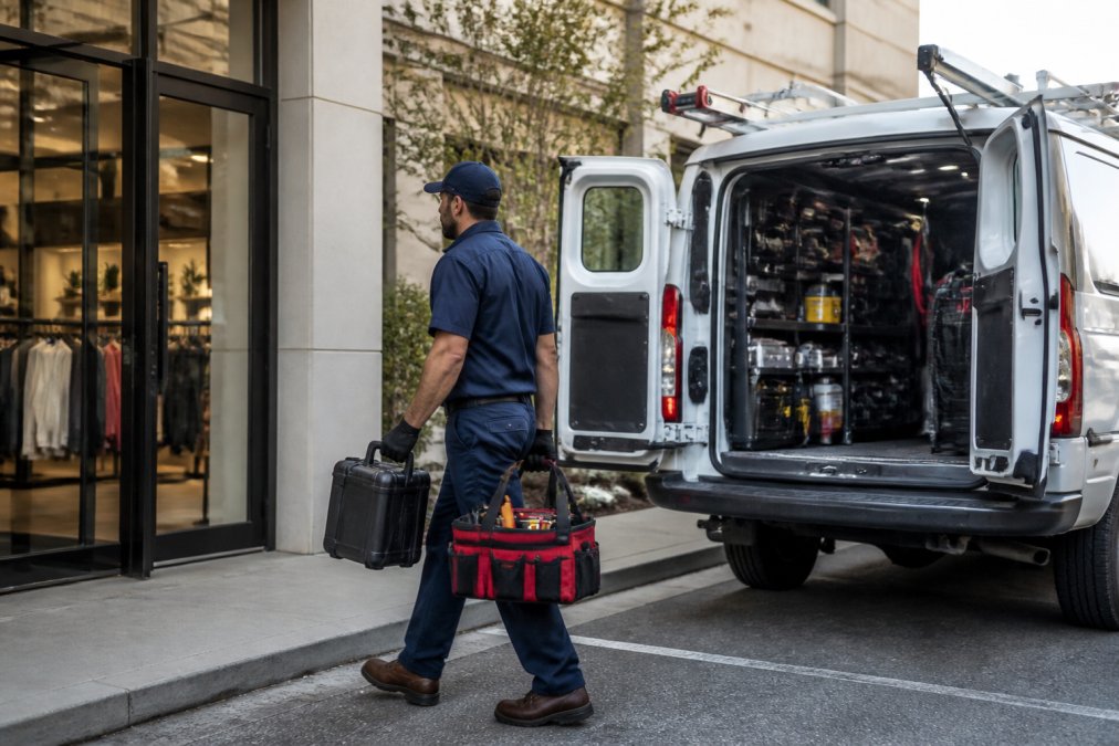 Plumbing technician arriving at a retail storefront with service van and professional equipment, ready for emergency repair assessment