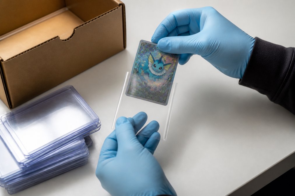 Process of sleeving a holographic card for pokemon card grading using nitrile gloves and card savers