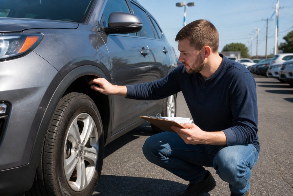 A person in casual clothes inspecting the front tire and wheel well of a used SUV at an outdoor dealership lot, holding a clipboard with a checklist, bright daylight