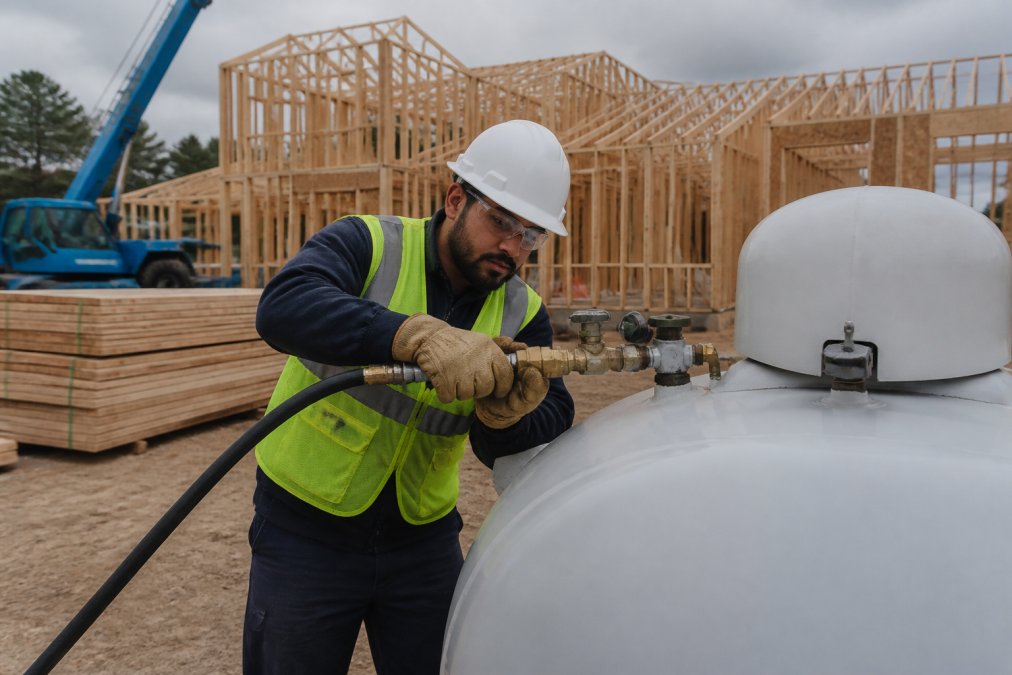 A propane delivery driver in a high-visibility vest and gloves connecting a hose to a large aboveground tank on an active construction site, with wooden framing and stacked building materials in the background under overcast daylight
