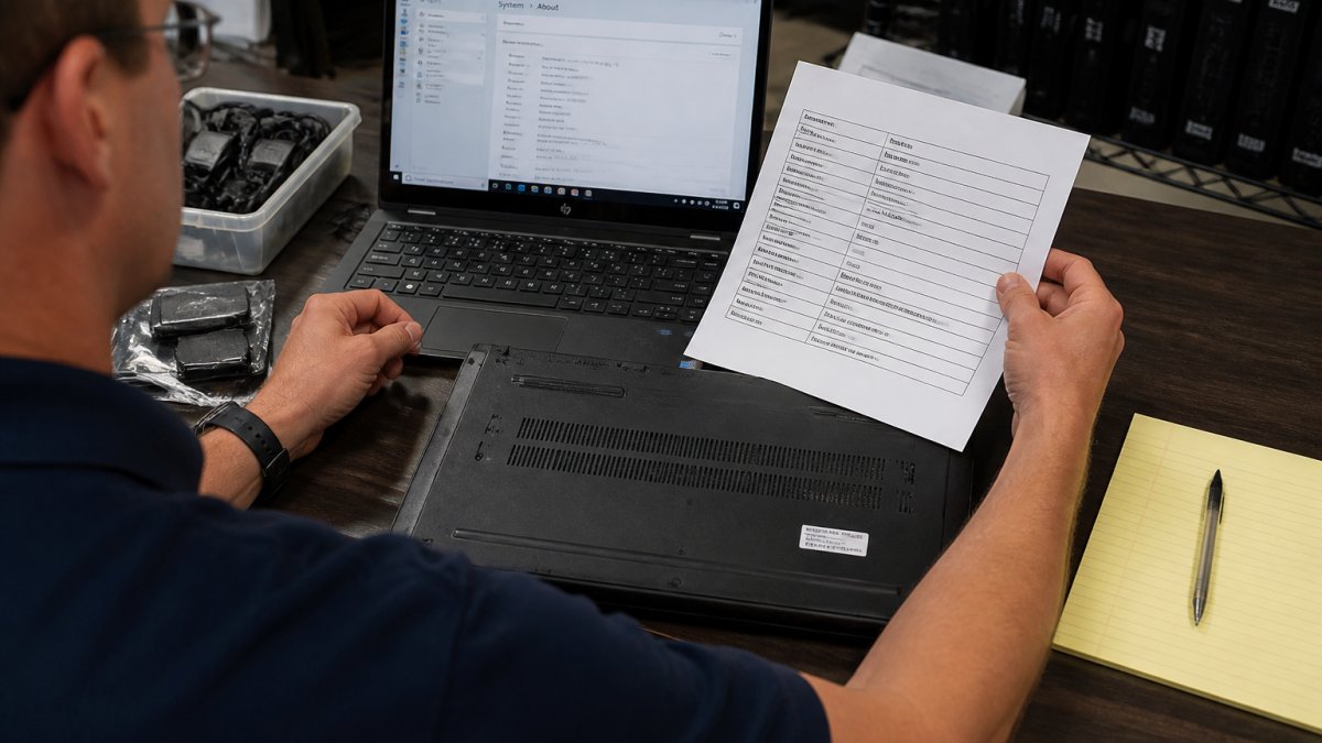 A person at a desk comparing a laptop's system information screen against a printed spec sheet, with the laptop serial number visible on the bottom casing