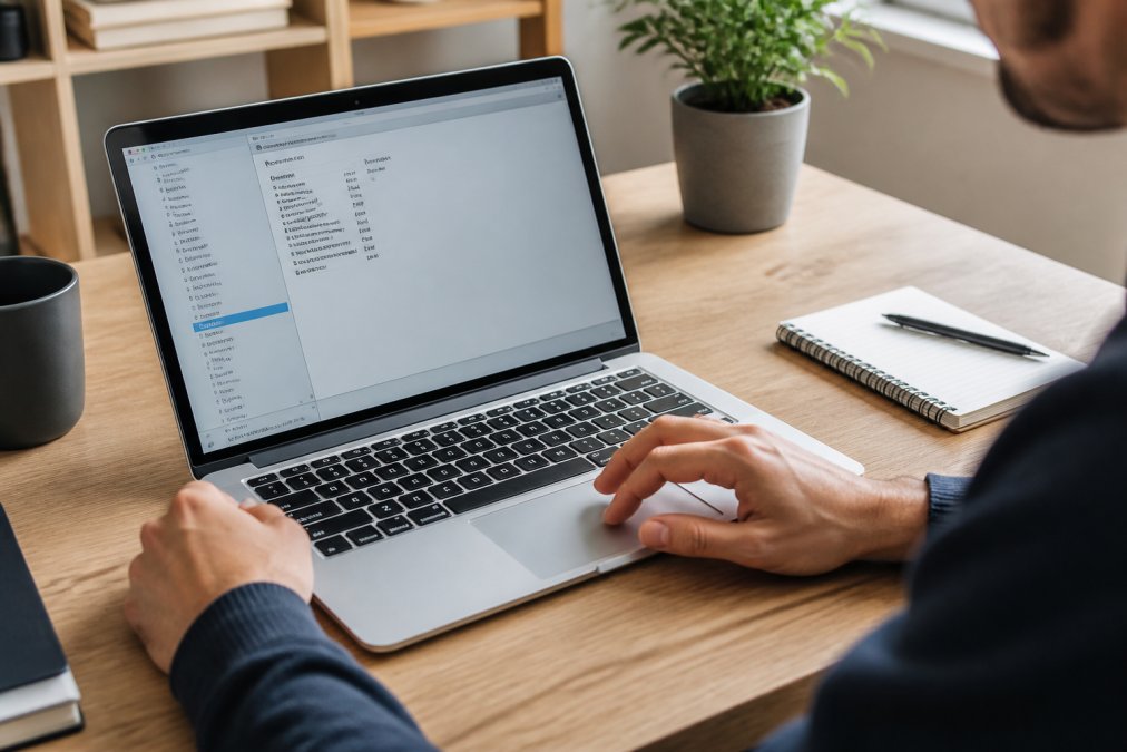 Person checking battery cycle count on a refurbished MacBook in a bright home office setting