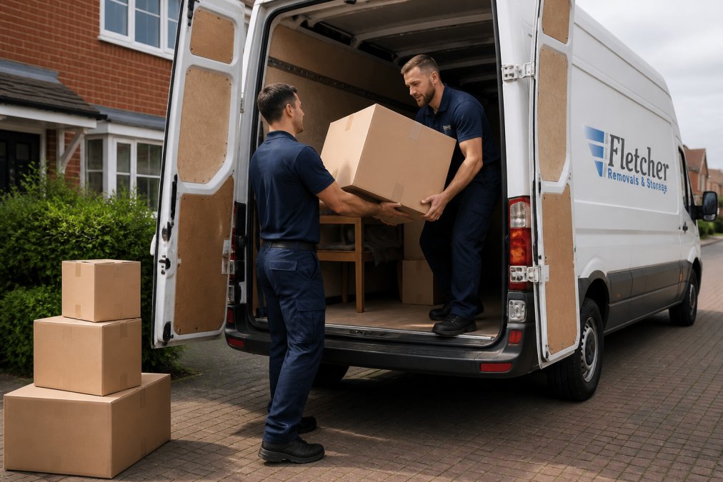 Professional removal team in uniform loading cardboard boxes and furniture into a white branded van with careful handling technique, showing proper grip and coordination in daylight