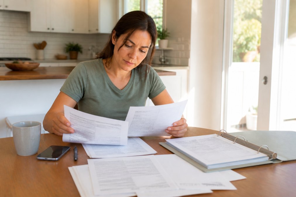 A homeowner reviewing paperwork and insurance certificates at a kitchen table with a laptop open to a cleaning company's website, warm afternoon light through the window