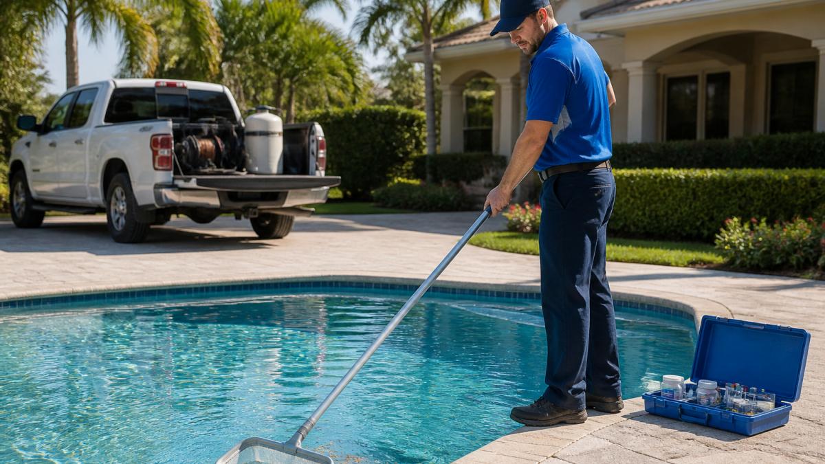 Professional technician performing residential pool cleaning with a skimmer net on a sunny day