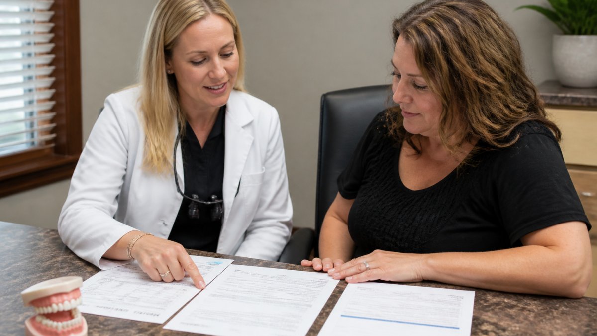 Patient reviewing treatment plan document with dentist, showing written estimate, warranty information, and insurance pre-authorization letter on desk