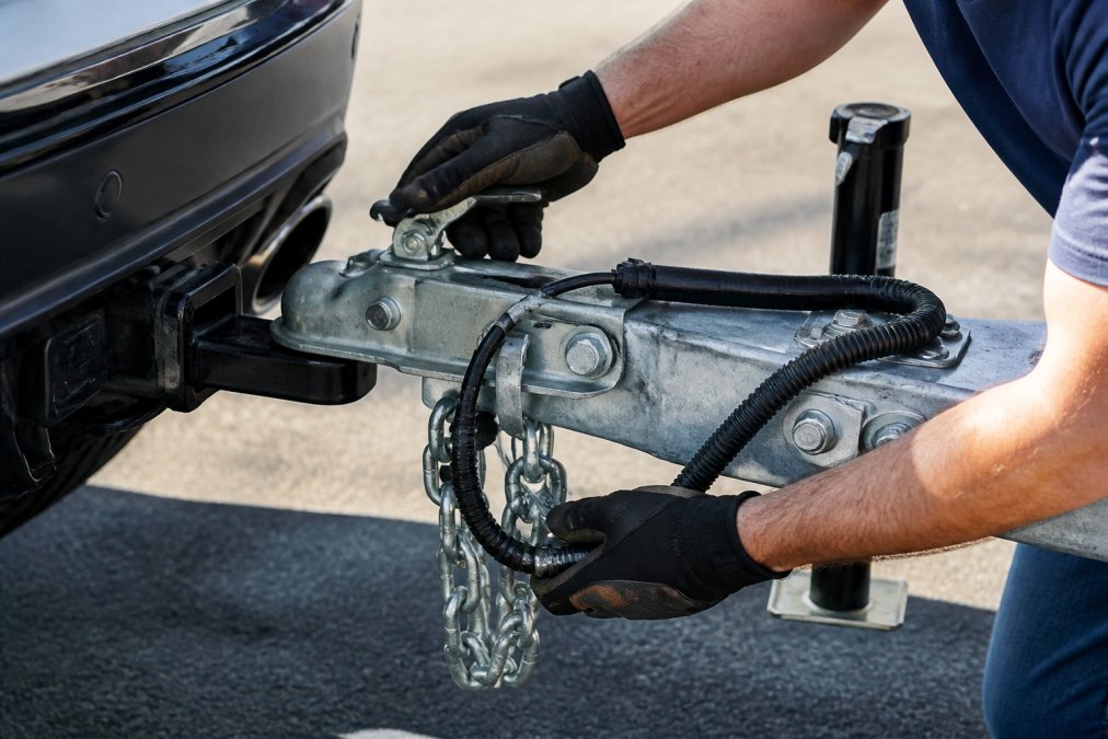 Close-up of boat trailer coupler connection showing safety chains, electrical connector, and lug nuts being inspected by gloved hands in daylight