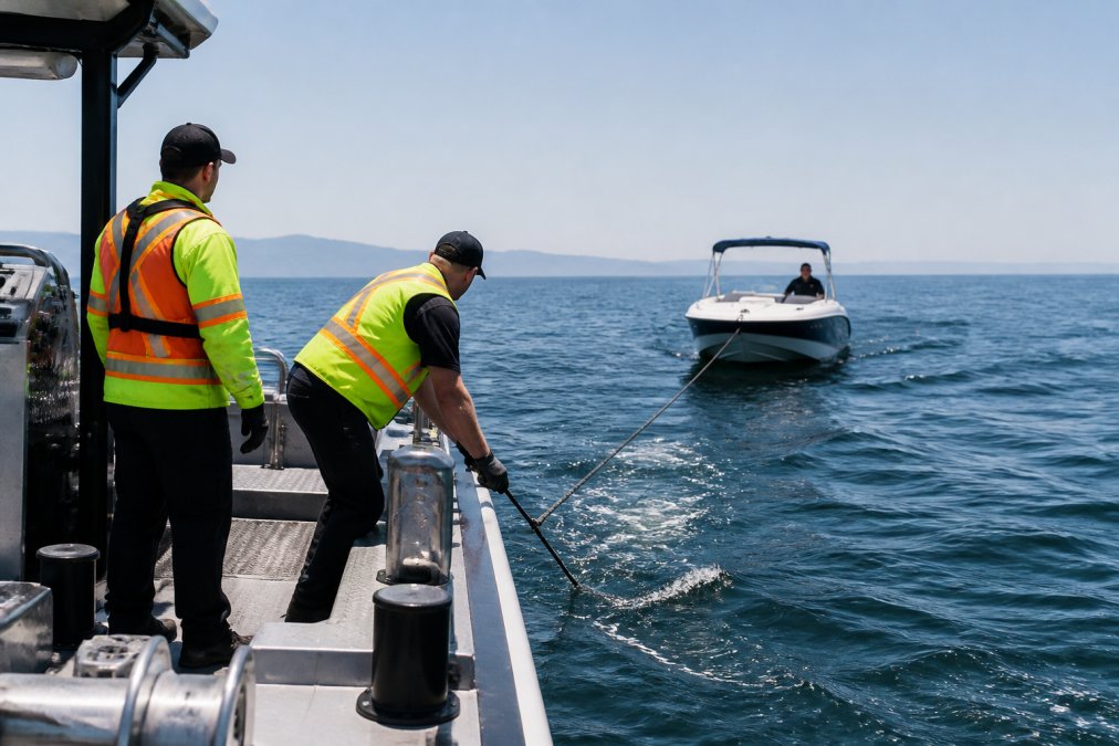 Professional tow boat crew in safety vests assisting a disabled recreational boat on open water, with the towing vessel approaching and crew members preparing rescue equipment