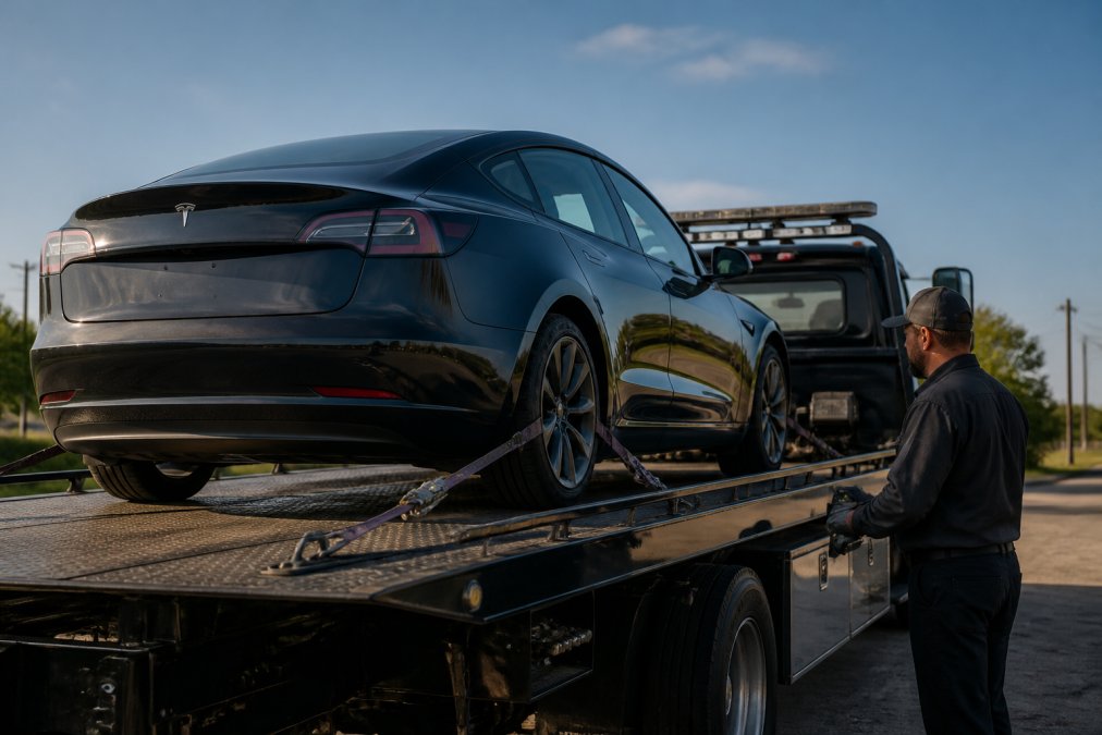 Professional flatbed tow truck with proper securing straps positioned under a Tesla electric vehicle, showing correct loading technique and specialized equipment setup on a clear Tulsa day