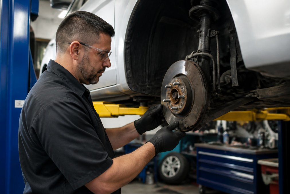 ASE-certified mechanic in professional uniform performing comprehensive brake inspection on vehicle lift in modern auto shop, with diagnostic equipment and tool racks visible in background, natural workshop lighting