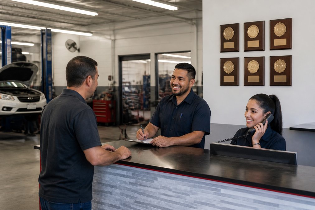 Clean, well-organized auto repair facility with modern computerized diagnostic equipment on workstations, friendly staff in professional uniforms at service counter assisting customers, bright fluorescent lighting, and visible ASE certification plaques on walls