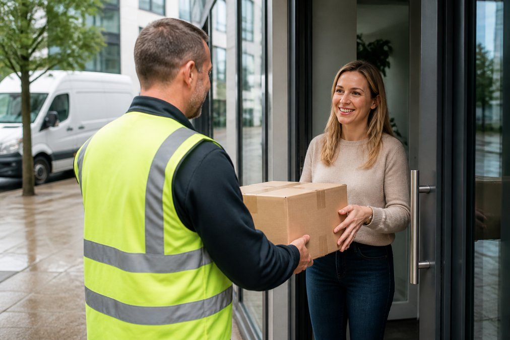A courier in a high-visibility vest handing a parcel to a smiling recipient at an office doorway, with a branded van visible on the street behind them