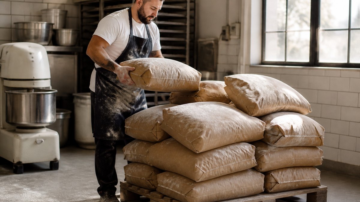 A bakery worker in a flour-dusted apron unloading a stack of 50 lb flour bags from a delivery pallet inside a small commercial bakery kitchen, morning light through the window