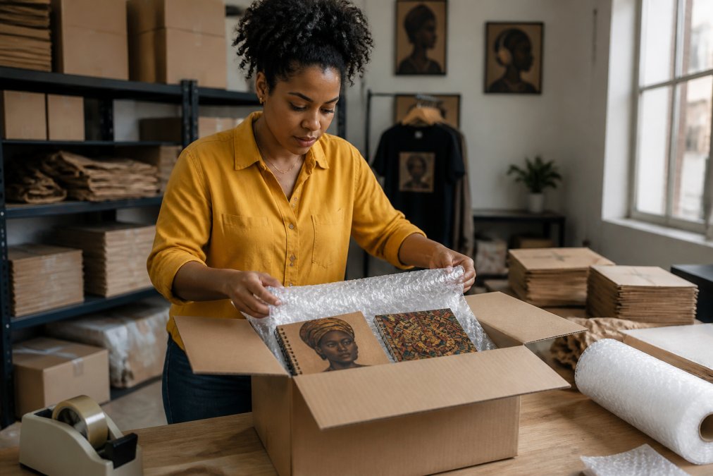 Person carefully packing culturally inspired gifts including calendars, canvas art, and stationery into a shipping box with protective bubble wrap and kraft paper in a bright fulfillment workspace
