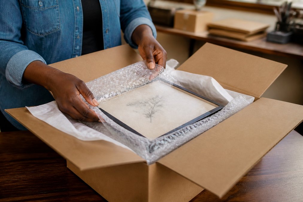Hands carefully wrapping a delicate custom framed print with bubble wrap and tissue paper inside a branded shipping box, showing meticulous protective packaging