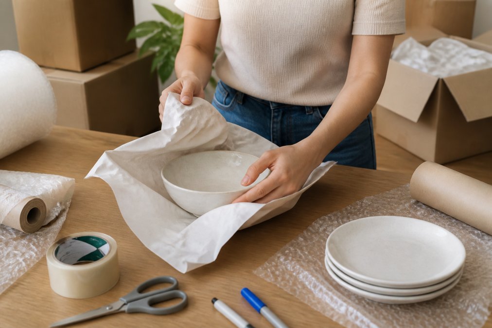 A person carefully wrapping a fragile ceramic dish in protective paper at a table, surrounded by moving boxes, packing tape, and markers
