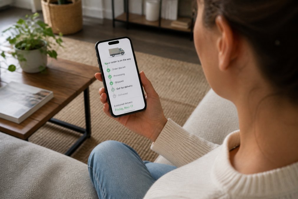 Person at home holding smartphone showing a package tracking notification with real-time delivery status and estimated arrival date displayed on screen