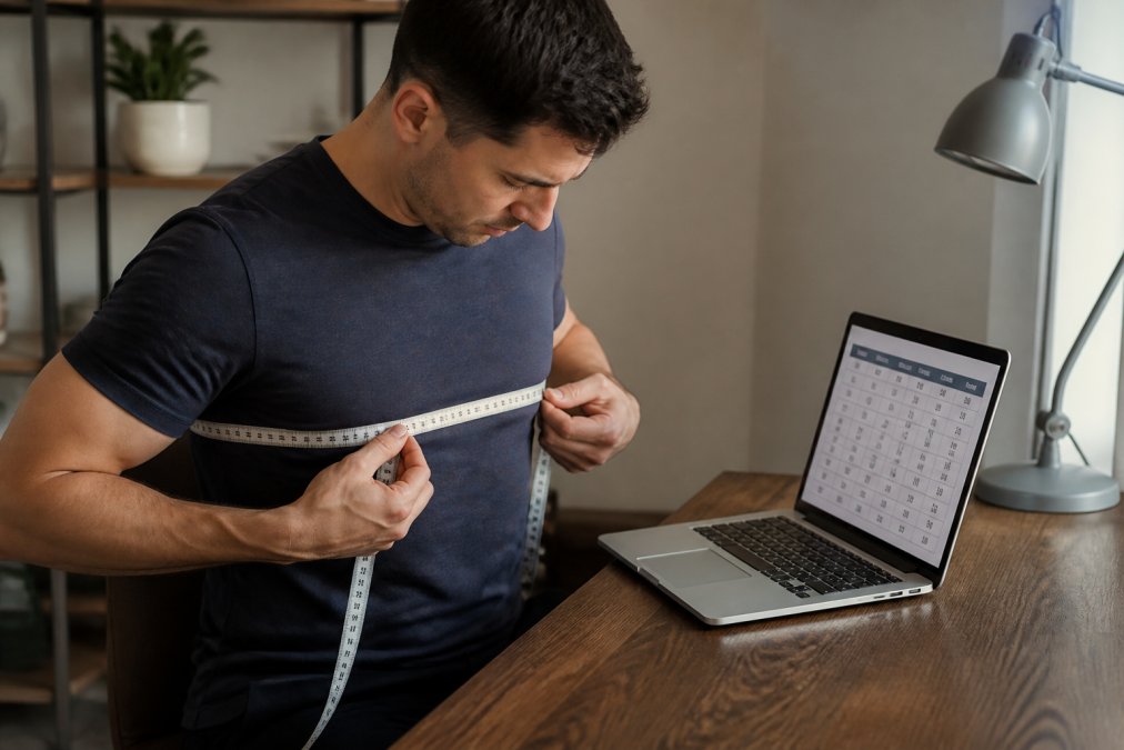 Person sitting at home at a desk measuring their chest with a soft measuring tape while referencing a detailed sizing chart displayed on their laptop screen